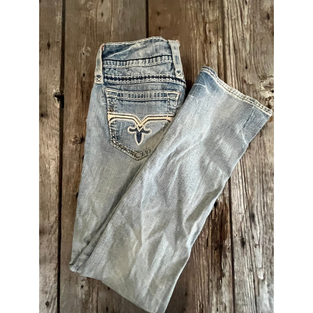 Rock Revival Bootcut Jeans Light Wash Distressed Embellished Studded Size 28 - Picture 13 of 14